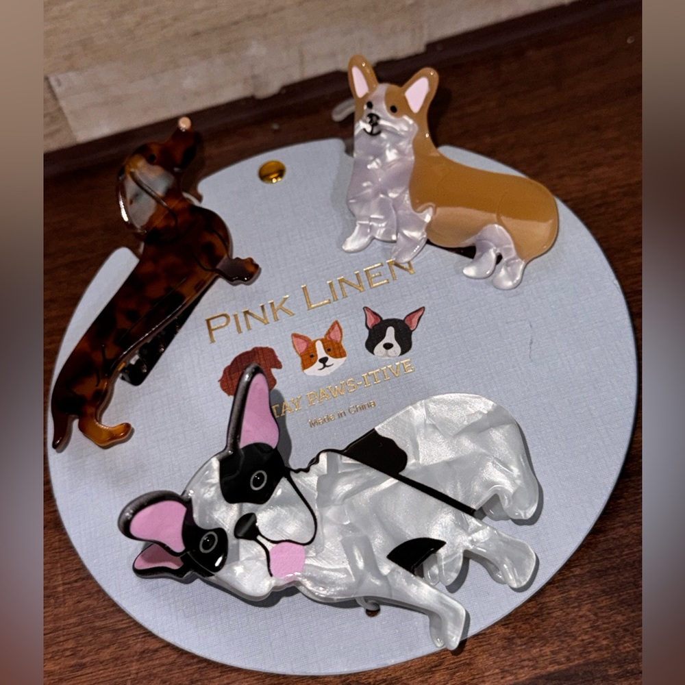 Super Cute Frenchie, Corgi, Dachshund Dog Hair Clips Claws Pink Linen NWT
